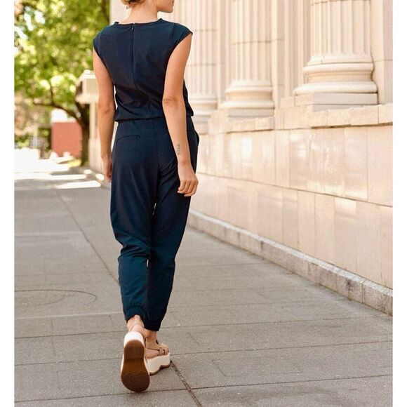 ALBION True Blue Jettersetter Cap Sleeves Elastic Waist Tie Jumpsuit Romper XXS - Picture 2 of 14